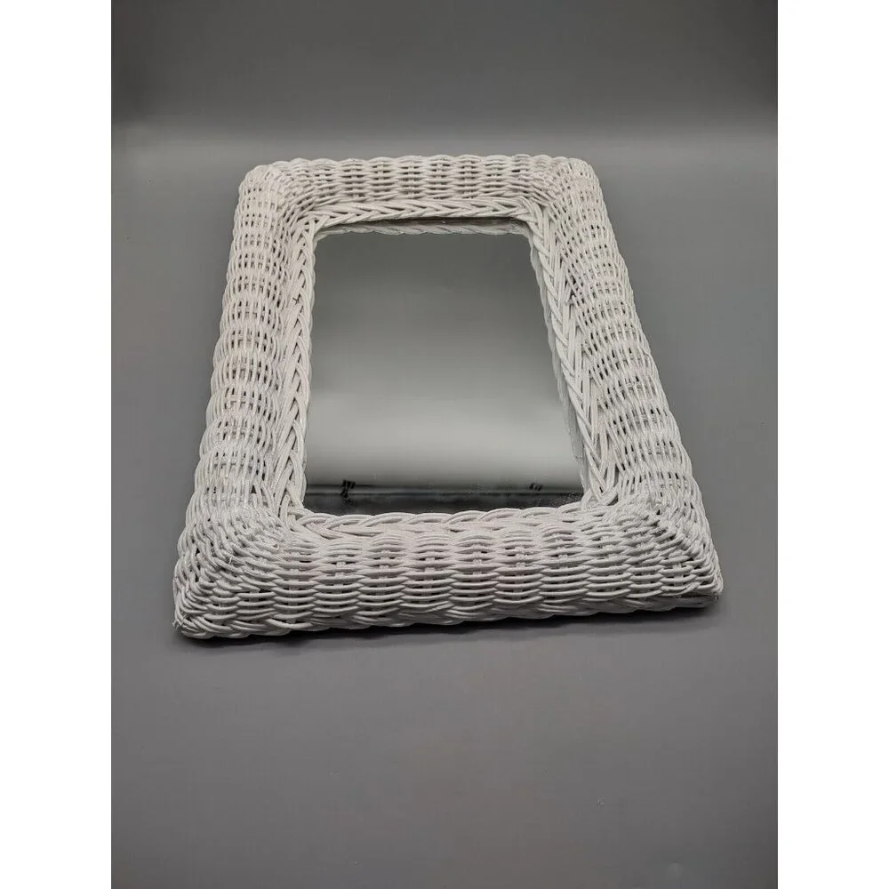 Vintage 1970s White Wicker Wall Mirror Cottage Retro, Rectangular 16